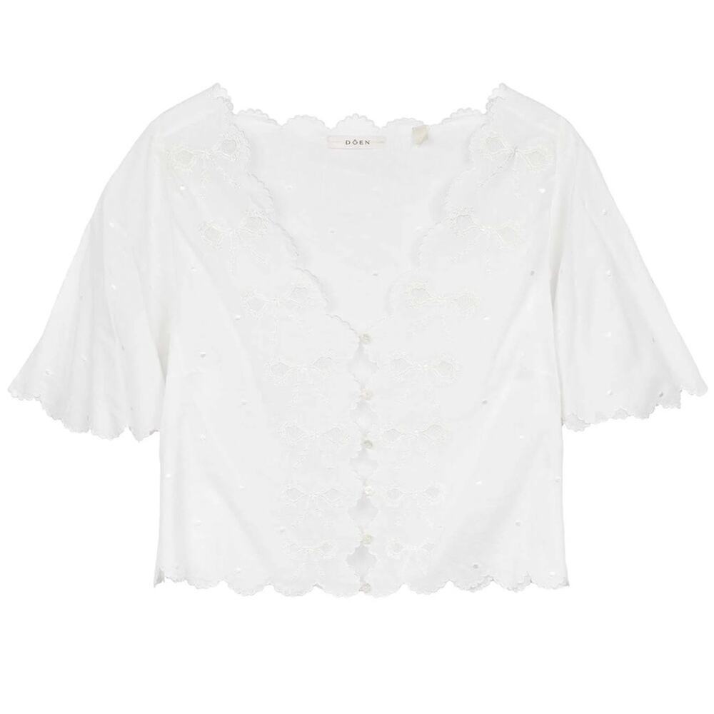 Doen Kacy Embroidered Bow Ribbon Scalloped V Neck Cotton Blouse Top Salt - Picture 12 of 14